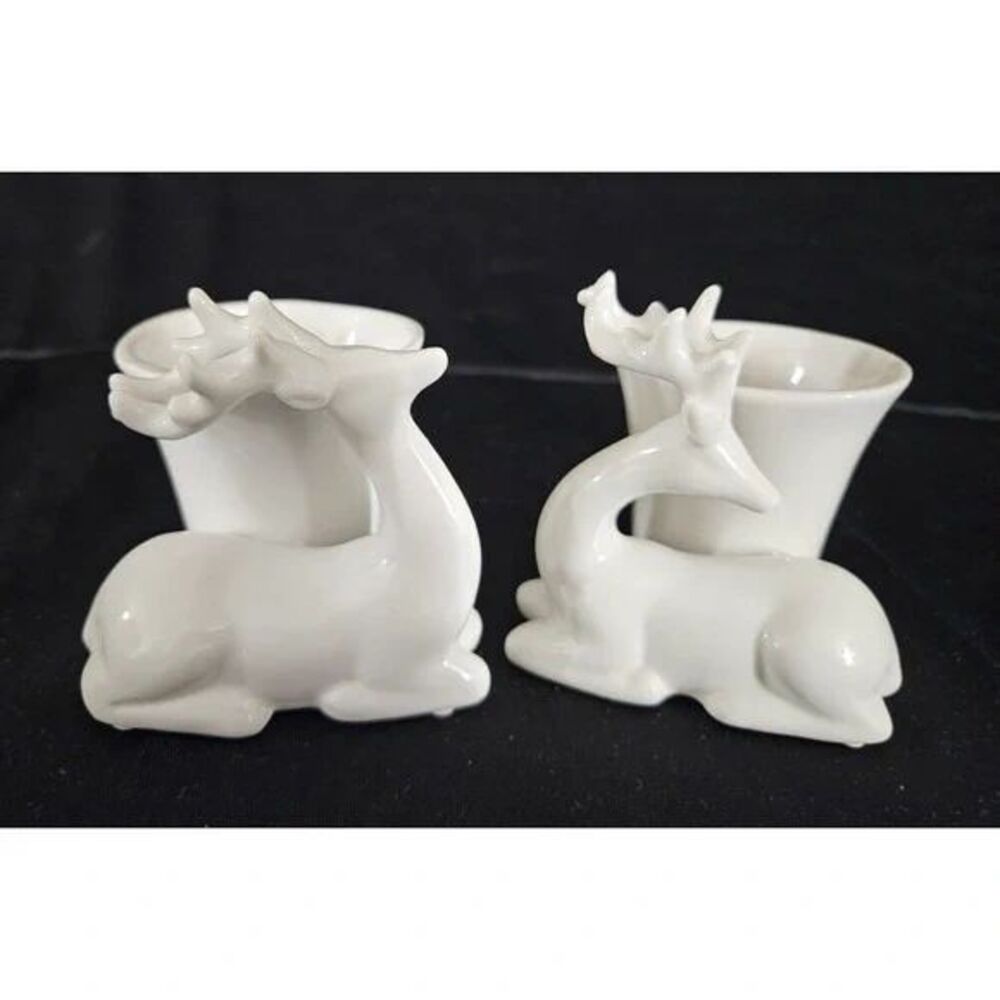 Vintage Set Of 2 Ceramic White Deer / Reindeer Candle Holder Bud Vase 3” Mint